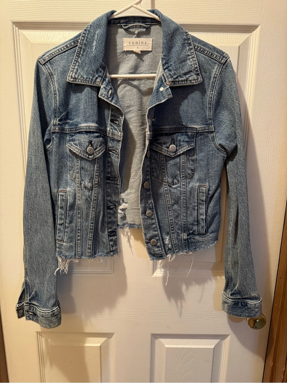 eunina Light Blue Distressed Cropped Denim Jacket
